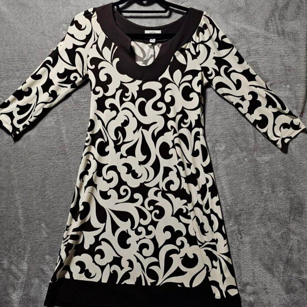 Sweet Storm Dress Women Medium Cream & Chocolate Brown 3/4 Sleeve Slip Stretchy